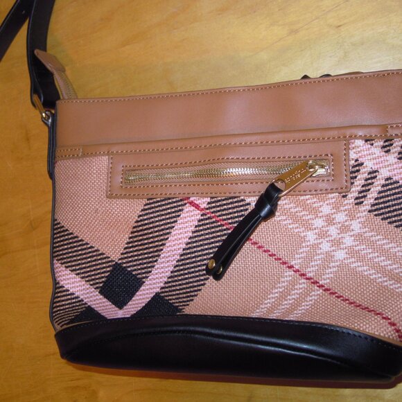 Spartina Pink & Black Plaid check Shoulder Hand Bag Purse Leather Linen NWT USA - Picture 9 of 12